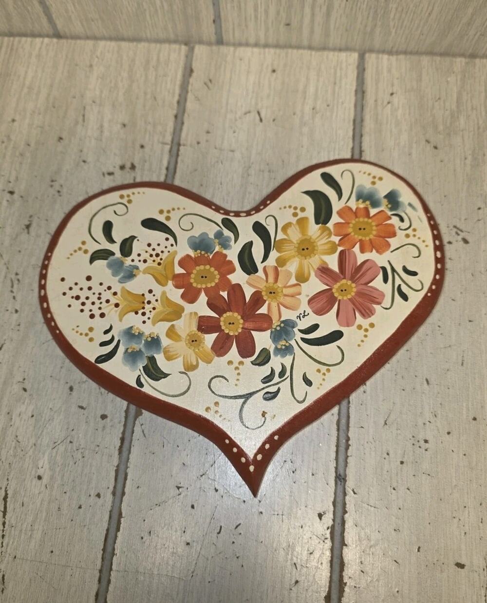 Vtg Hand Painted German Folk Art Heart Floral Signed Cottagecore Boho Farmhouse